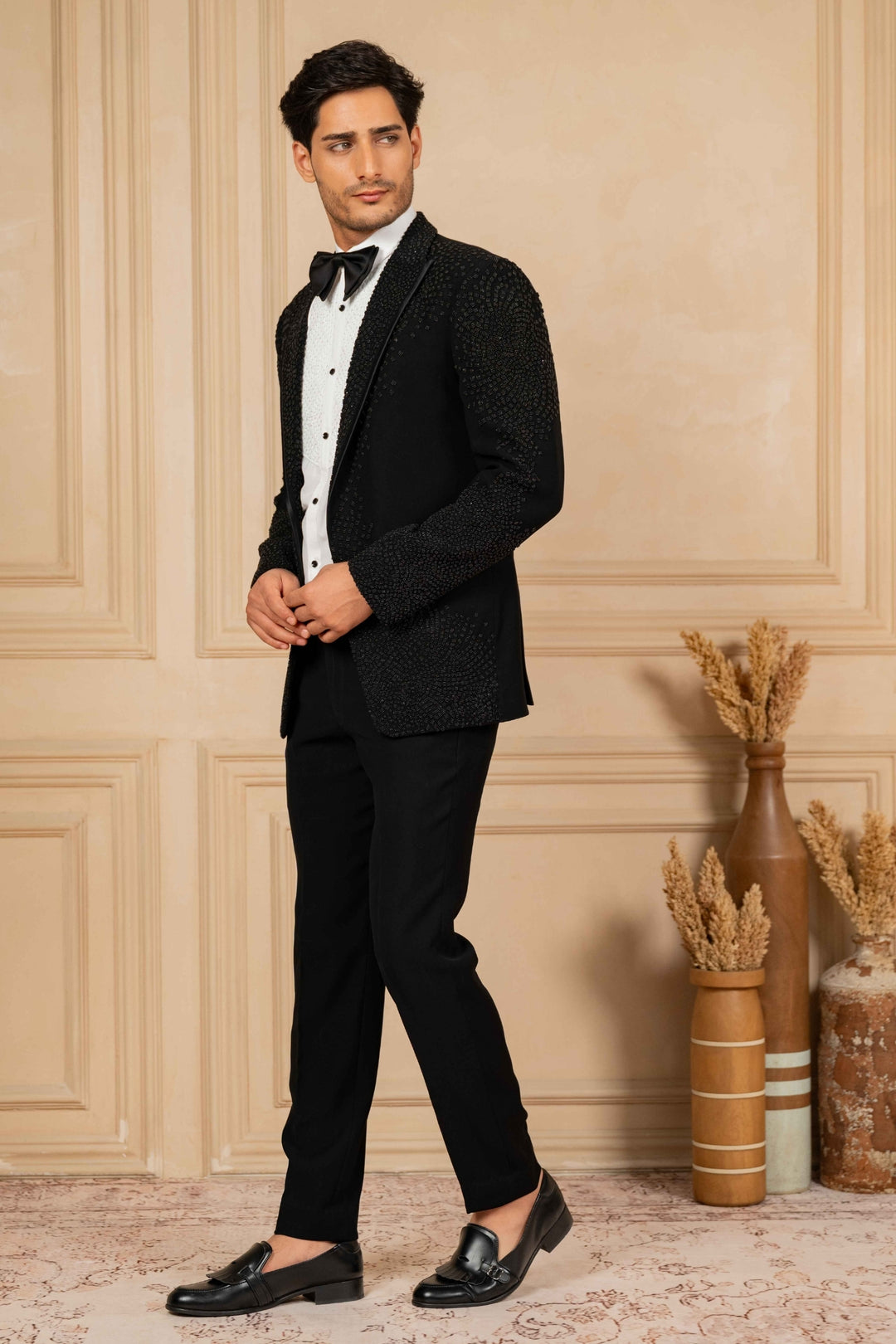 Black Peak Lapel Tuxedo with Pearl Work – Image 7
