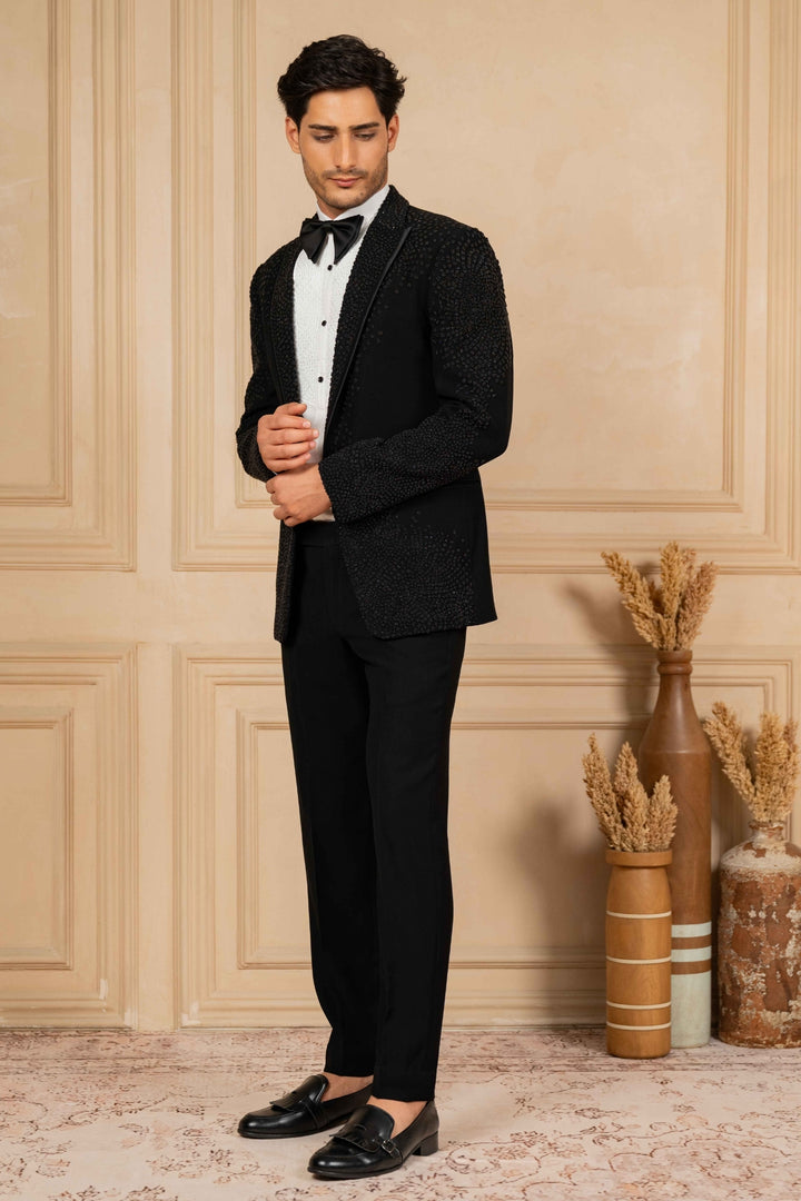 Black Peak Lapel Tuxedo with Pearl Work