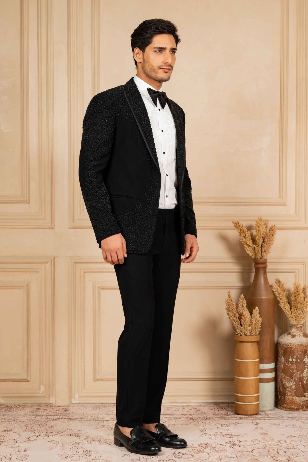 Black Peak Lapel Tuxedo with Pearl Work – Image 9