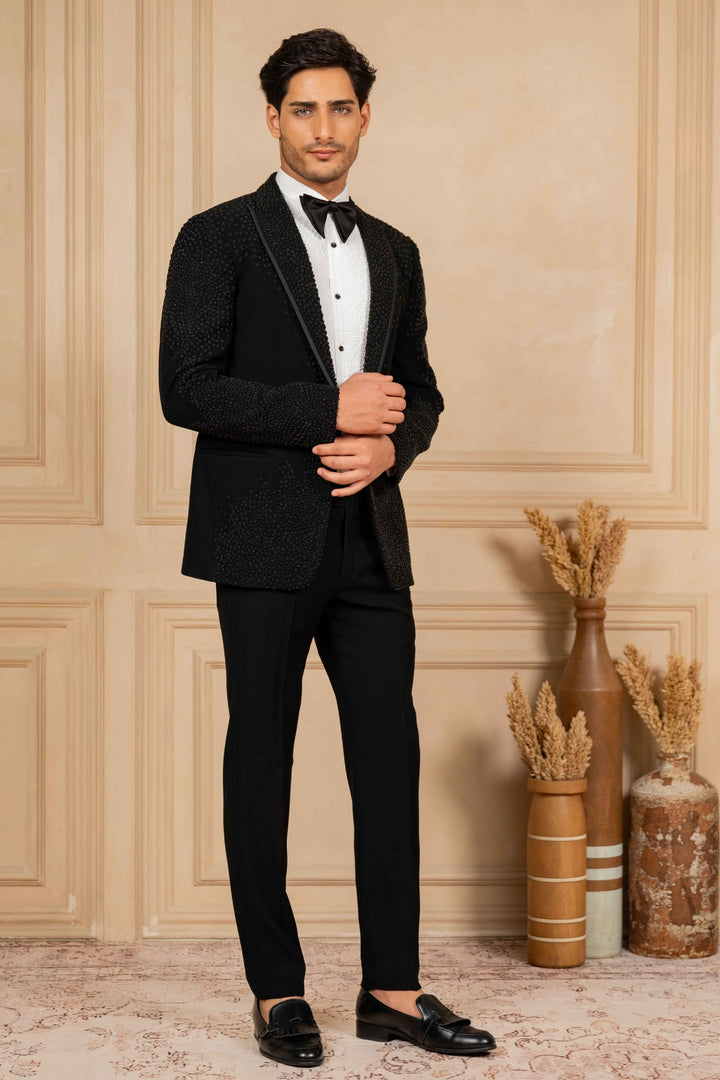 Black Peak Lapel Tuxedo with Pearl Work