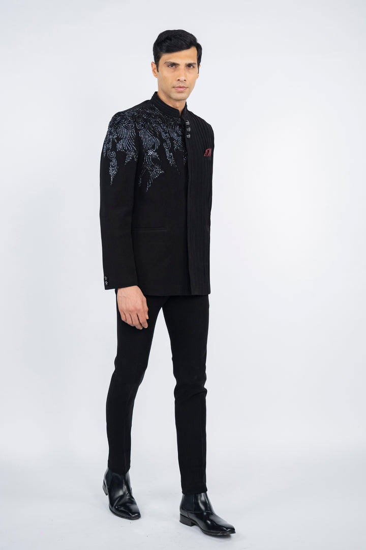 Black Pintuck Jodhpuri Suit