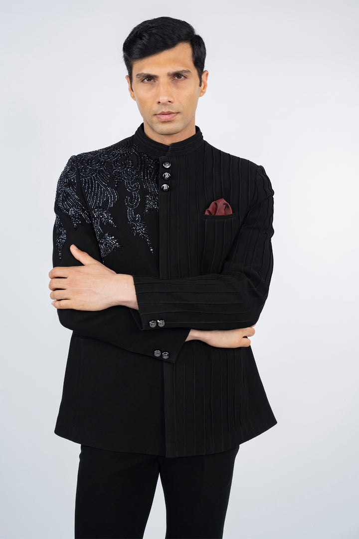 Black Pintuck Jodhpuri Suit