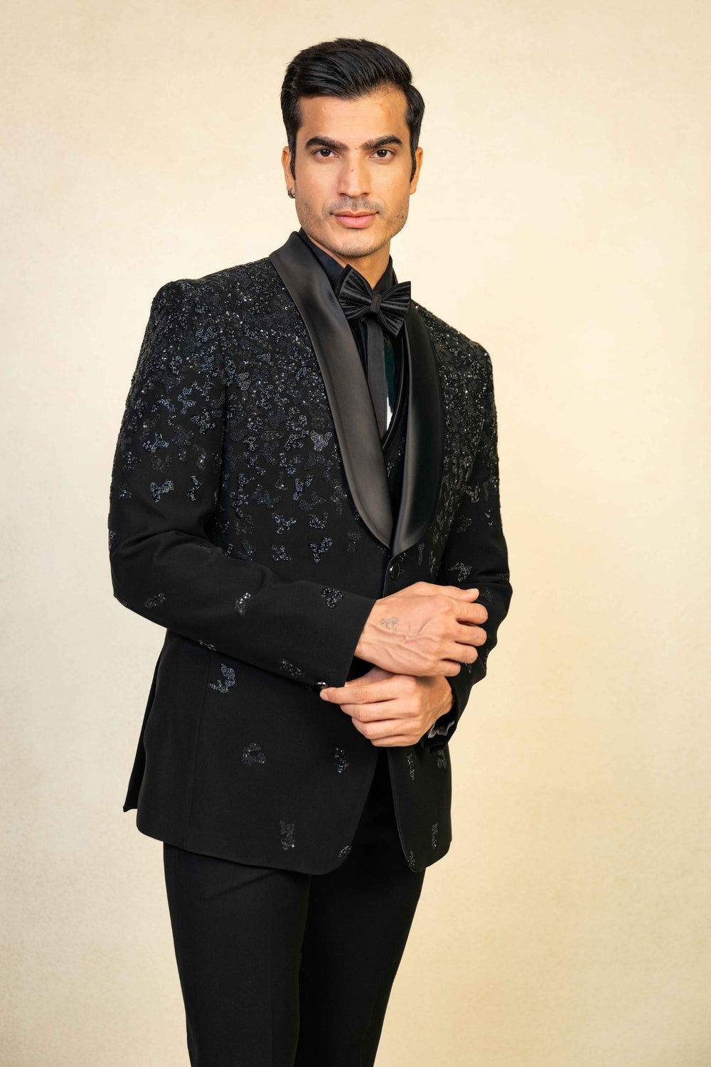 Black Tuxedo with Abstract Geometric Work