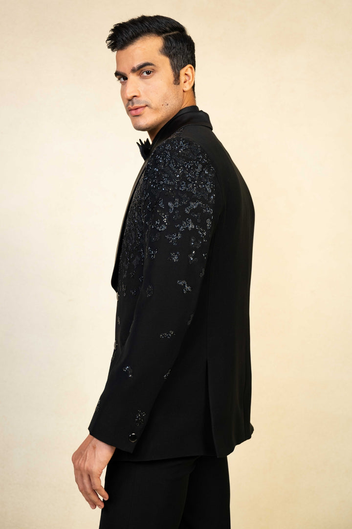 Black Tuxedo with Abstract Geometric Work