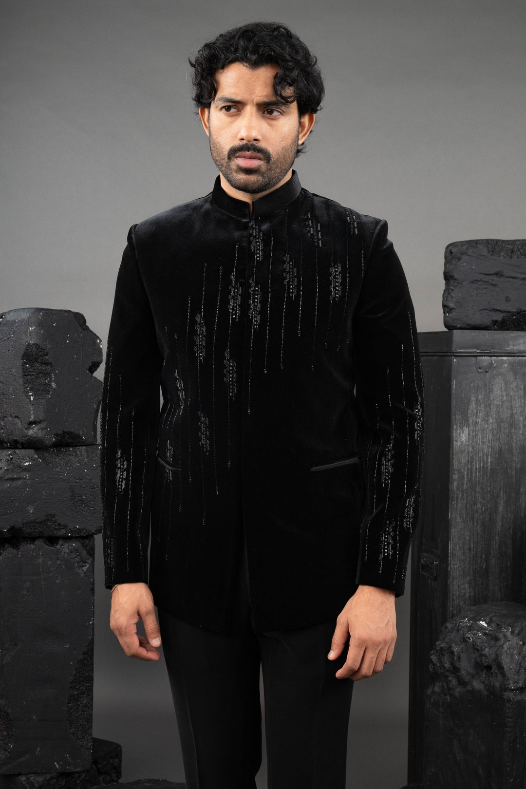 Black Velvet Beadwork Tuxedo Set