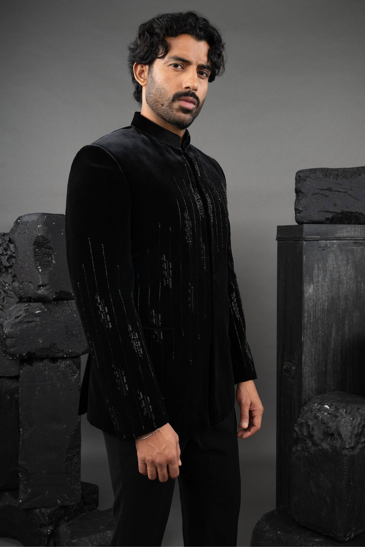 Black Velvet Beadwork Tuxedo Set