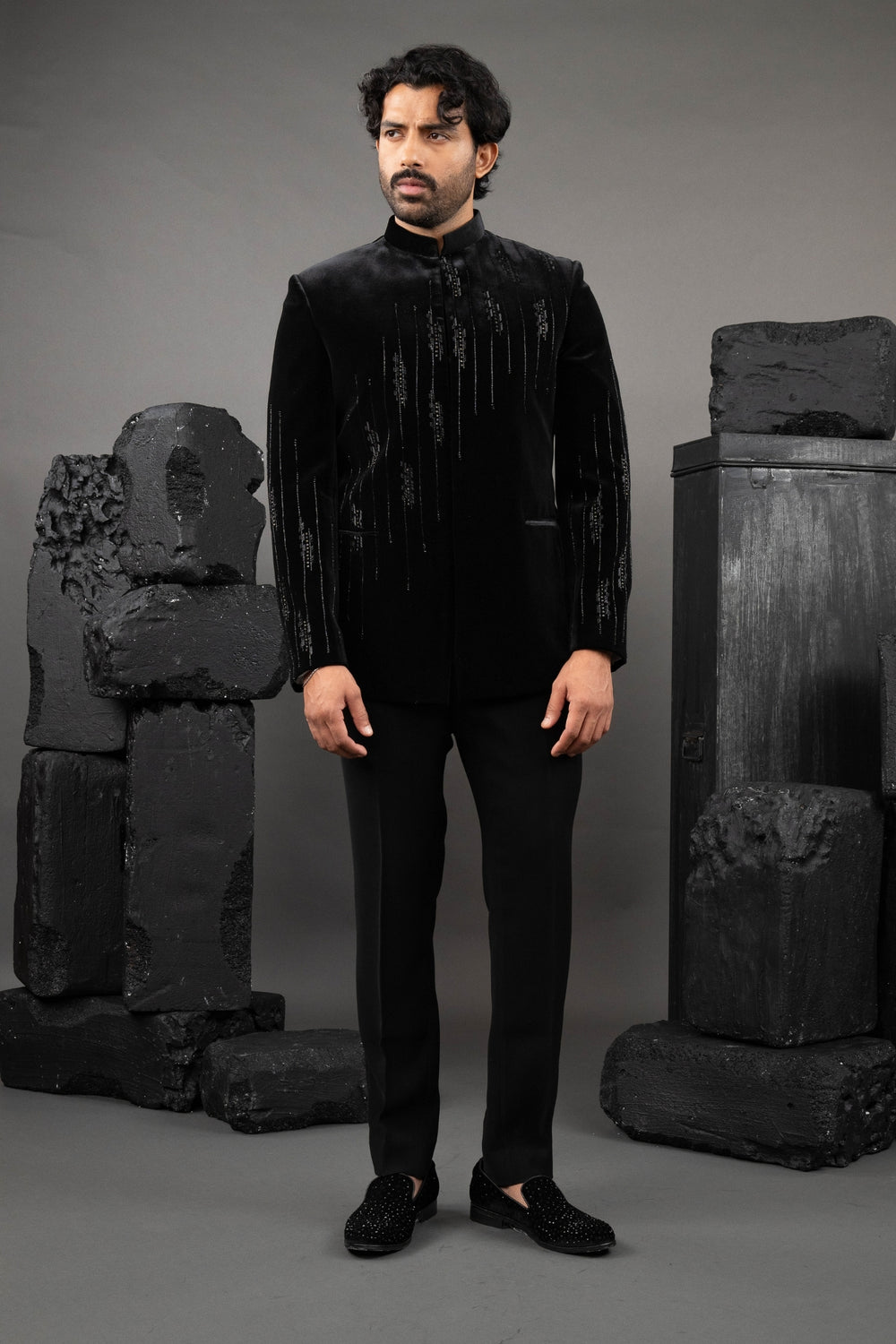 Black Velvet Beadwork Tuxedo Set