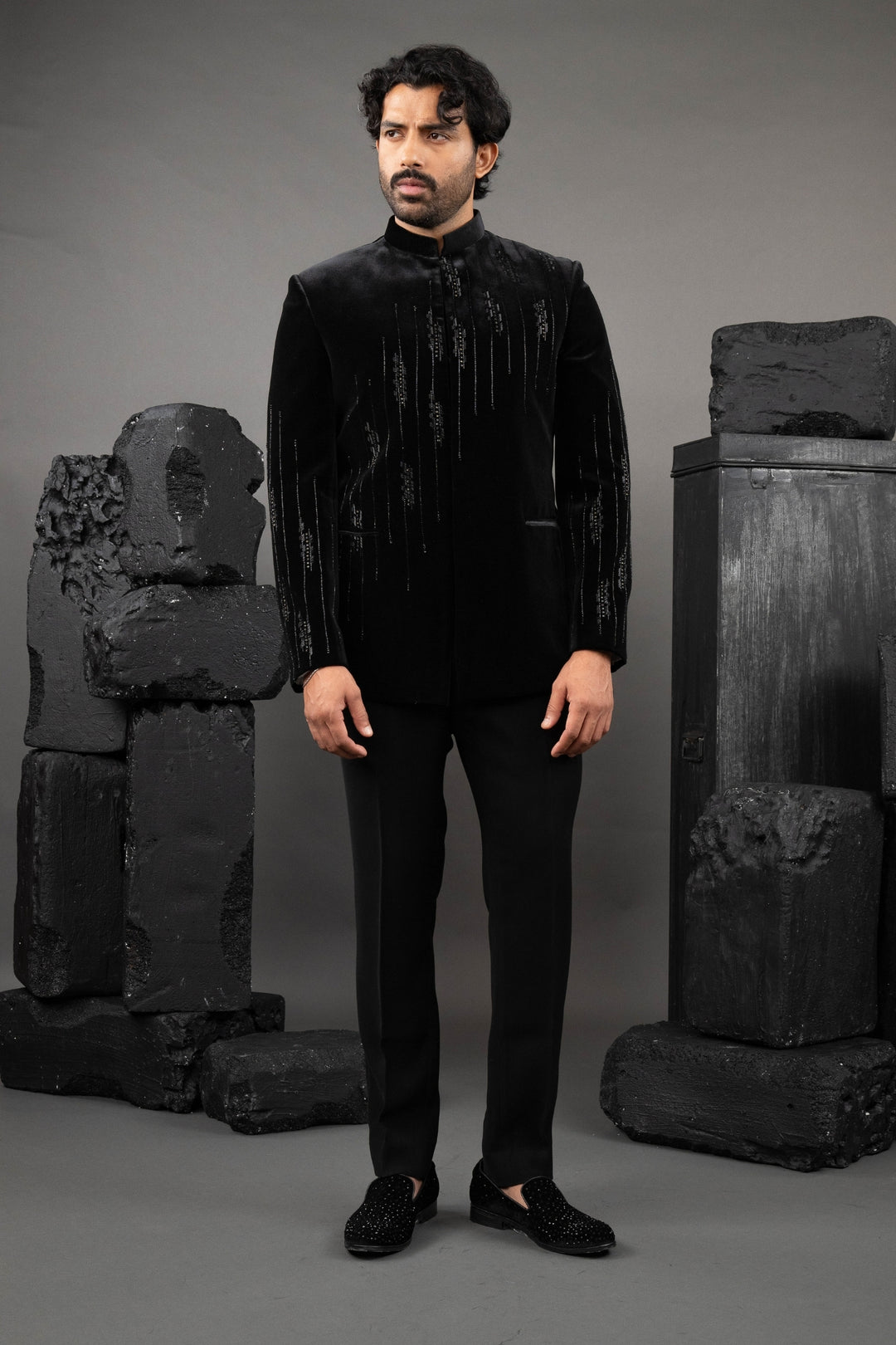 Black Velvet Beadwork Tuxedo Set – Image 2