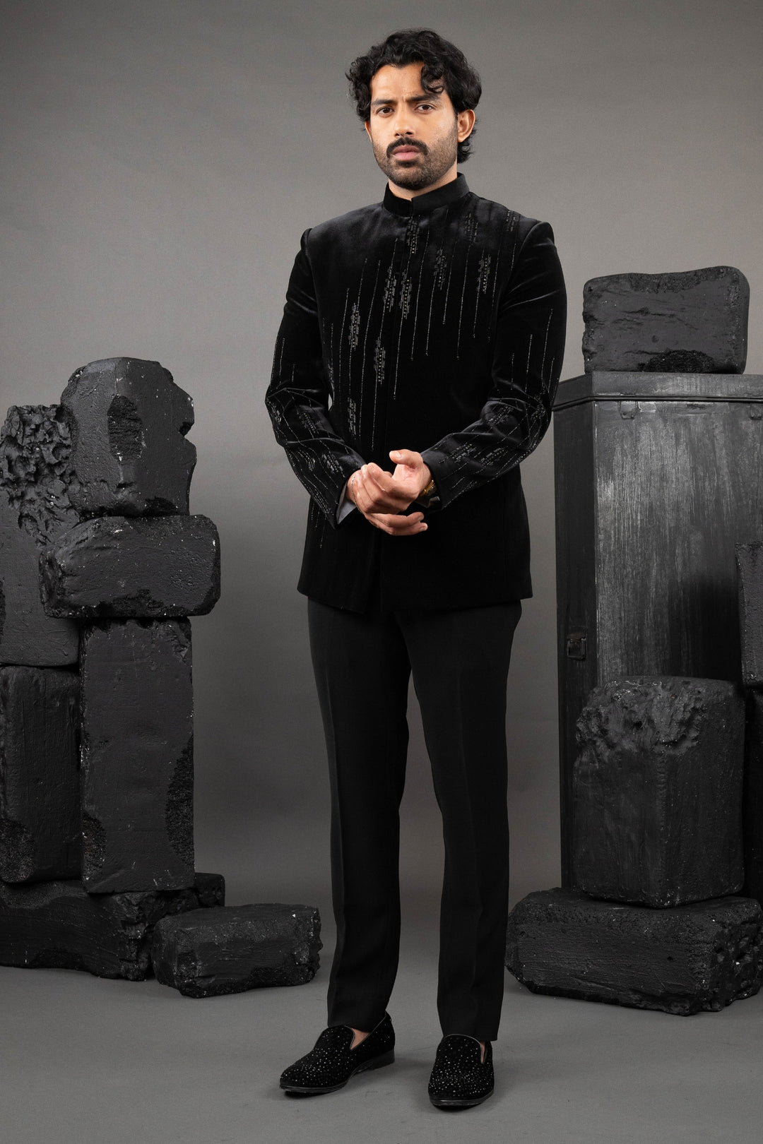 Black Velvet Beadwork Tuxedo Set – Image 6