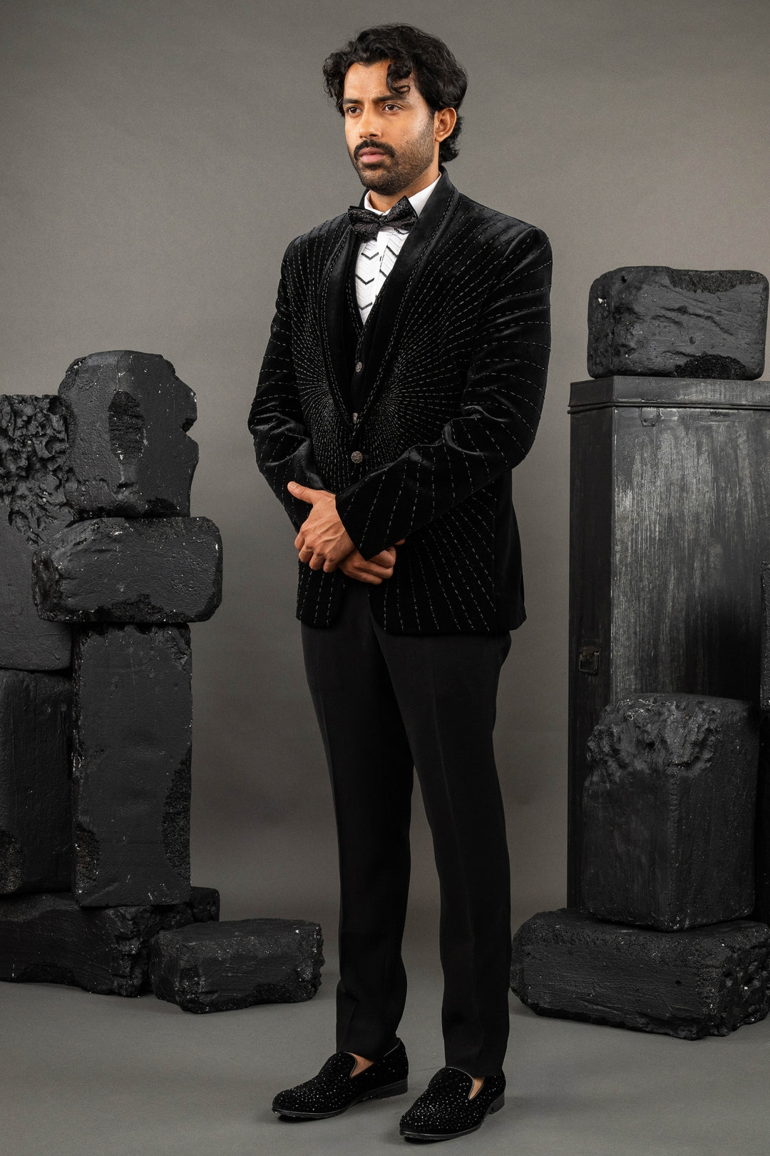 Black Velvet Embellished Tuxedo Set