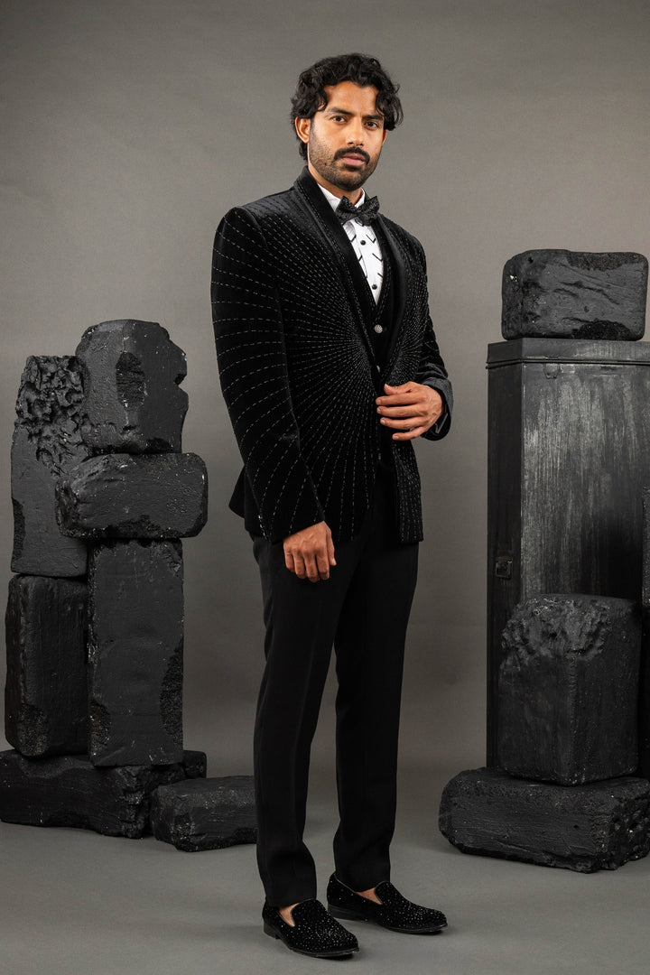 Black Velvet Embellished Tuxedo Set