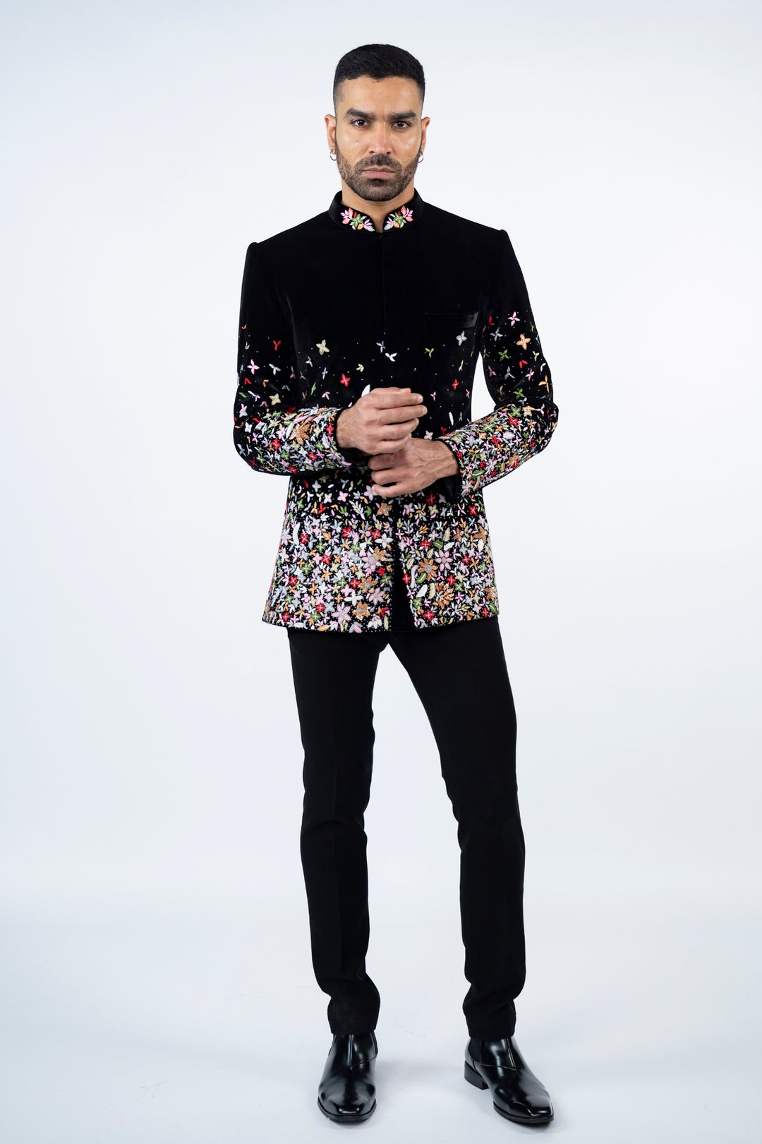 Black Velvet Jodhpuri with Floral Resham Work