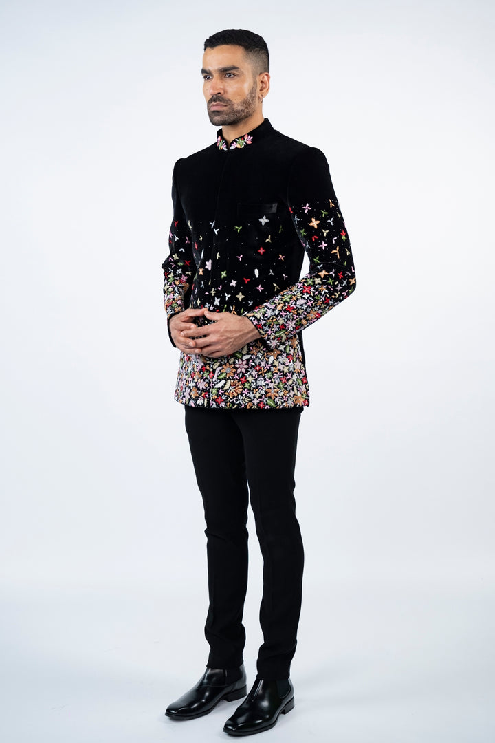 Black Velvet Jodhpuri with Floral Resham Work