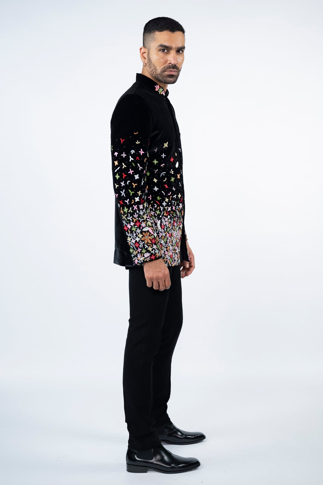 Black Velvet Jodhpuri with Floral Resham Work – Image 4