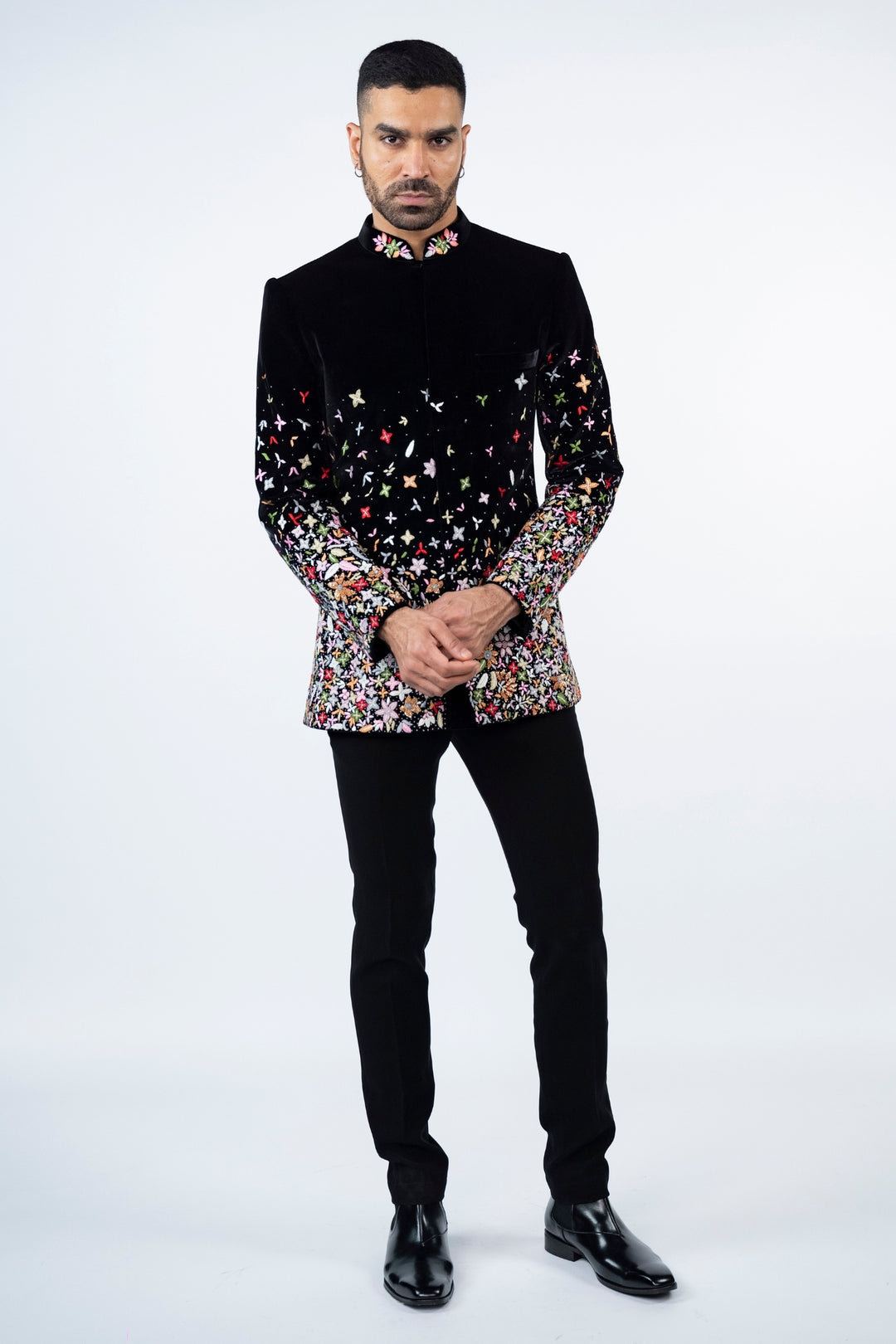 Black Velvet Jodhpuri with Floral Resham Work – Image 5