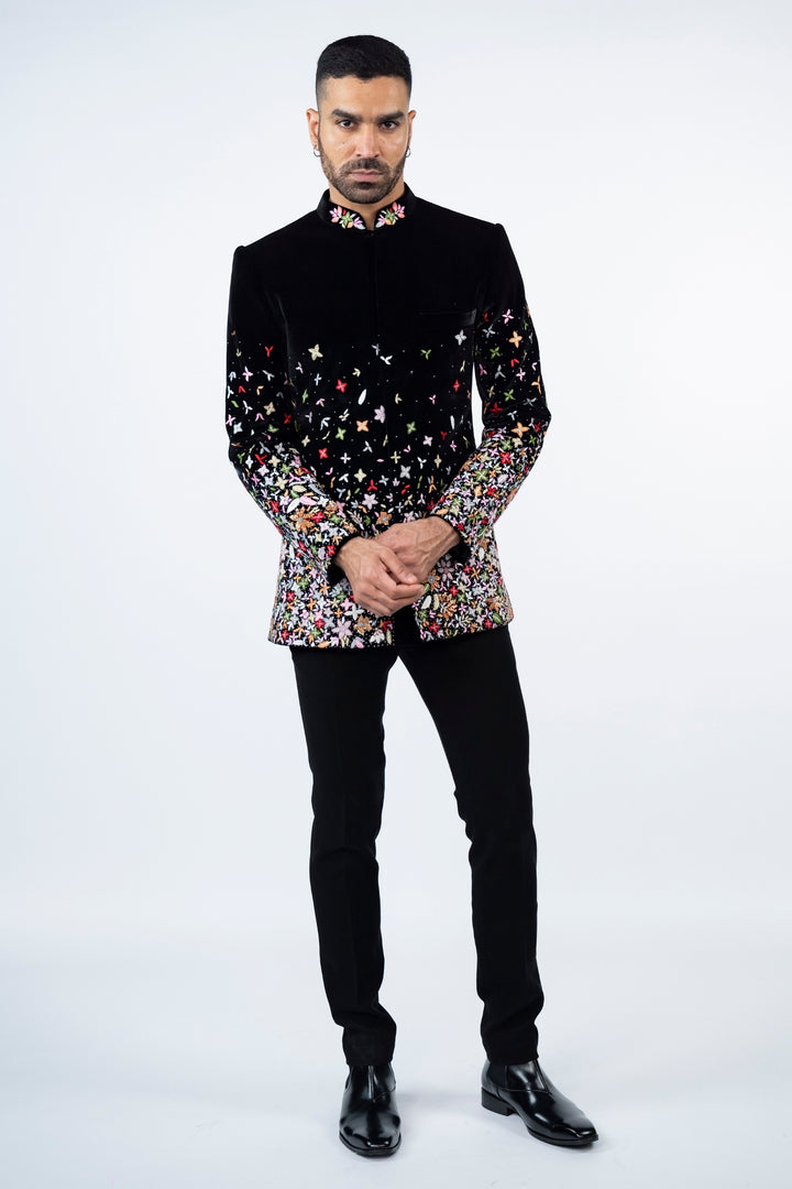 Black Velvet Jodhpuri with Floral Resham Work
