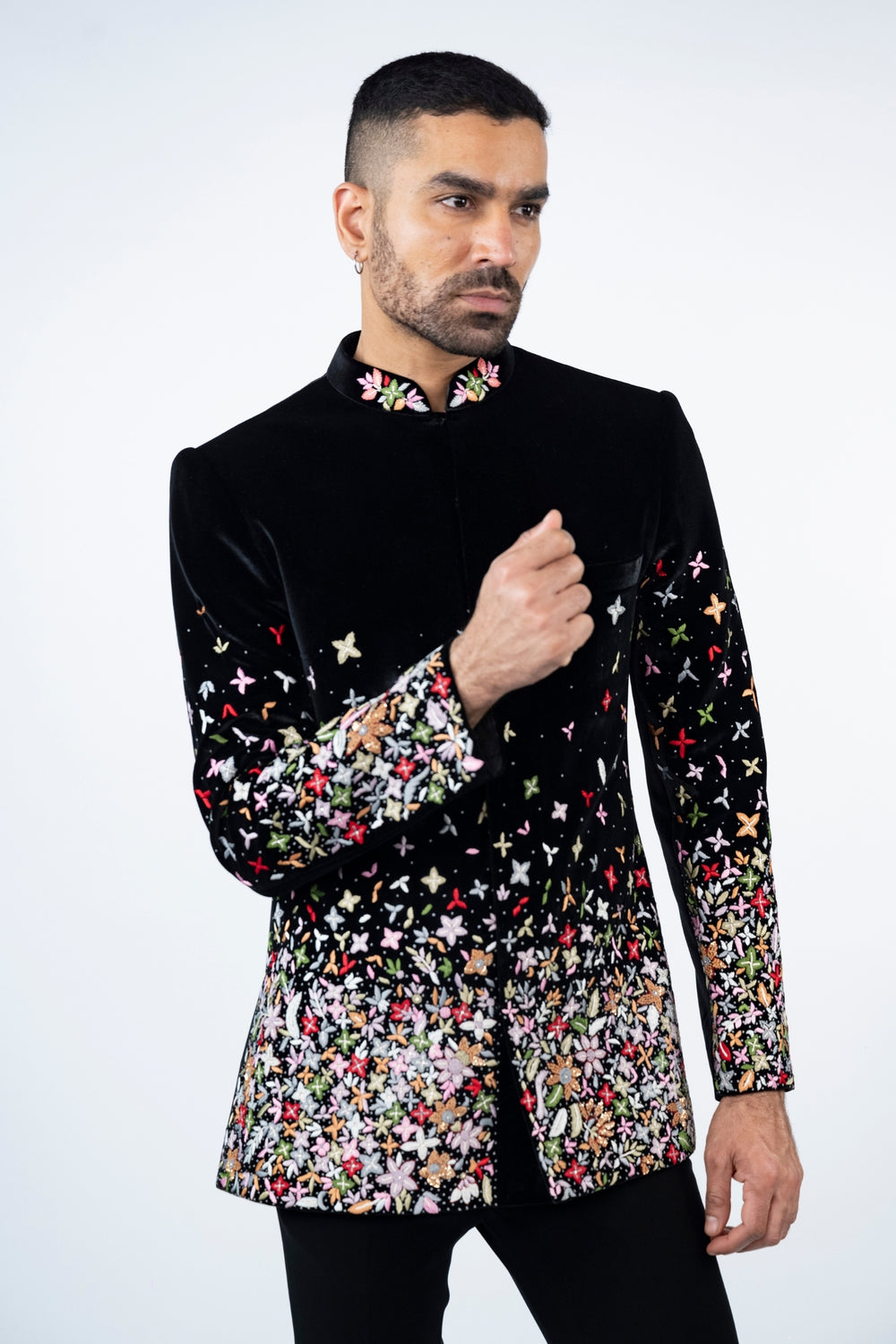 Black Velvet Jodhpuri with Floral Resham Work