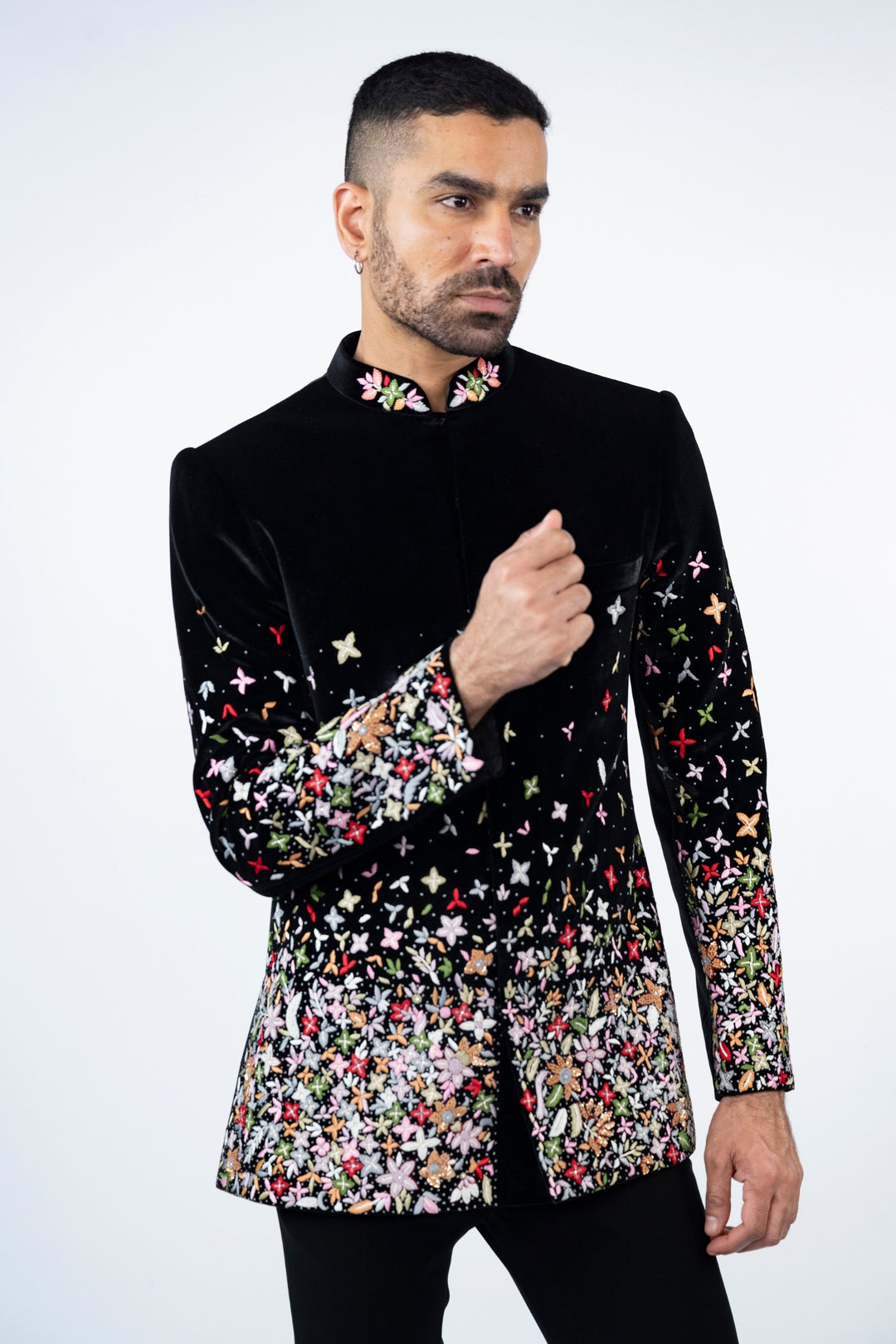 Black Velvet Jodhpuri with Floral Resham Work – Image 6