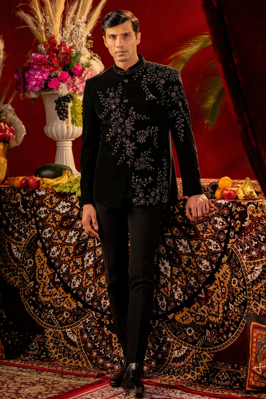 Black Velvet Jodhpuri with Hand-Painted Veil