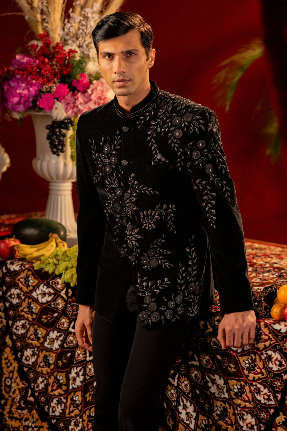 Black Velvet Jodhpuri with Hand-Painted Veil