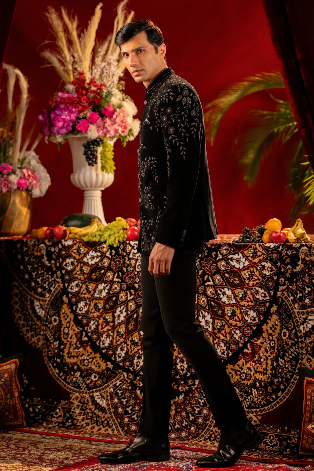 Black Velvet Jodhpuri with Hand-Painted Veil – Image 3