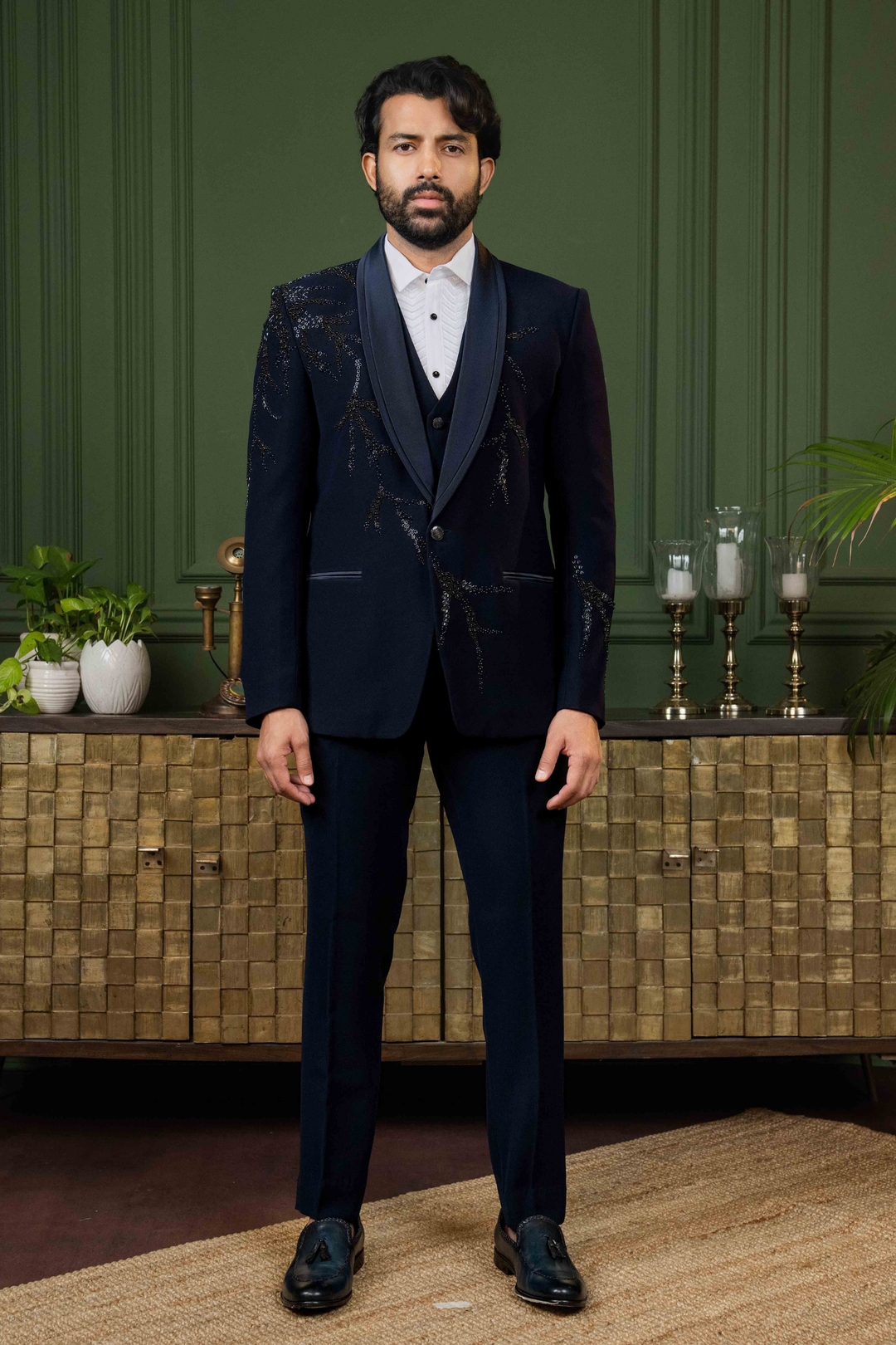 Blue - Cutdana & Pearls - Polyester Lycra - Tuxedo – Image 3