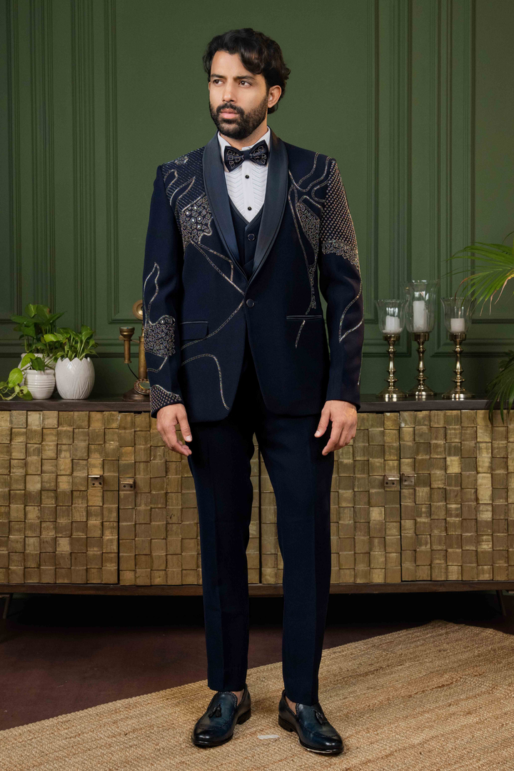 Blue - Cutdana & Stones - Polyester Lycra - Tuxedo