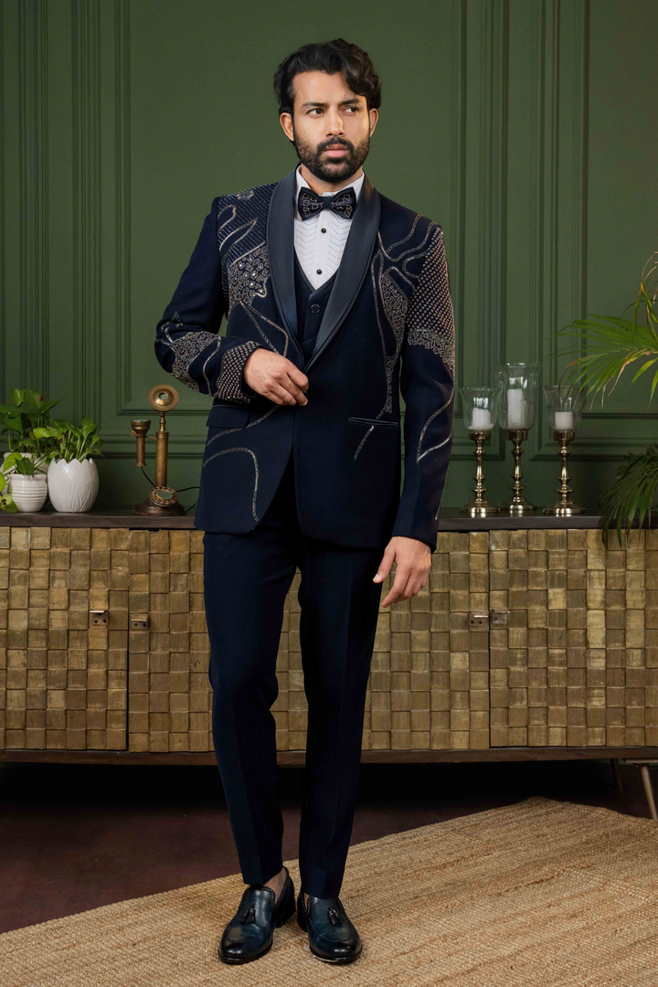 Blue - Cutdana & Stones - Polyester Lycra - Tuxedo