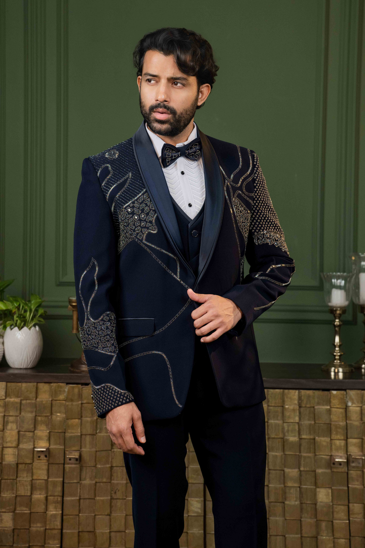 Blue - Cutdana & Stones - Polyester Lycra - Tuxedo