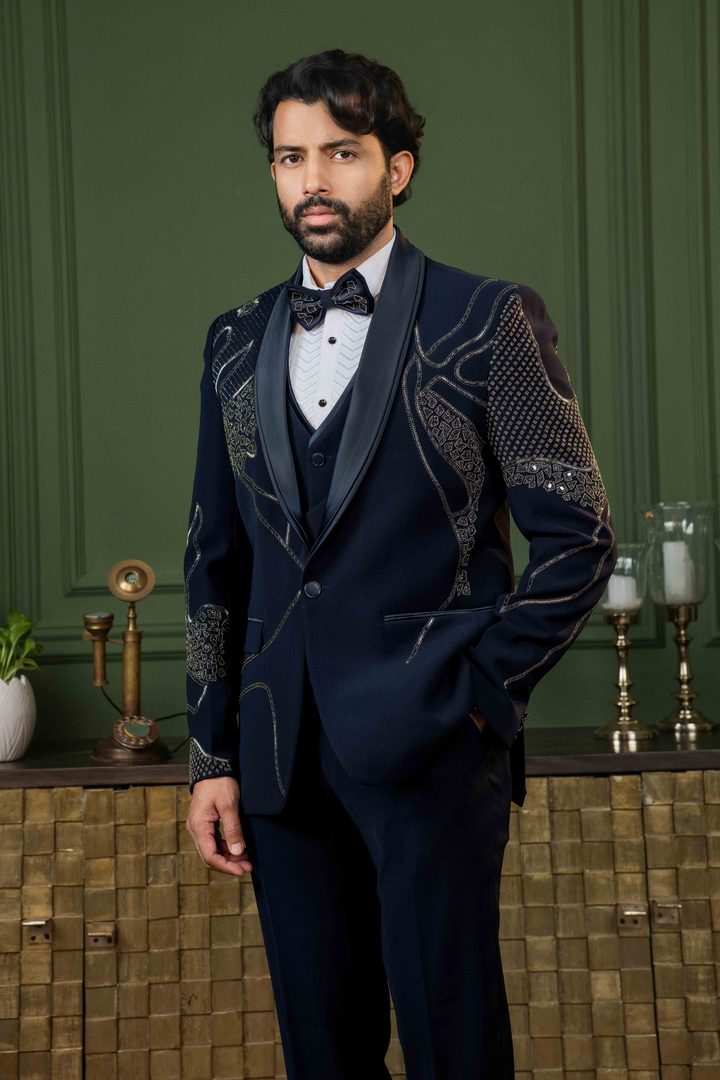 Blue - Cutdana & Stones - Polyester Lycra - Tuxedo