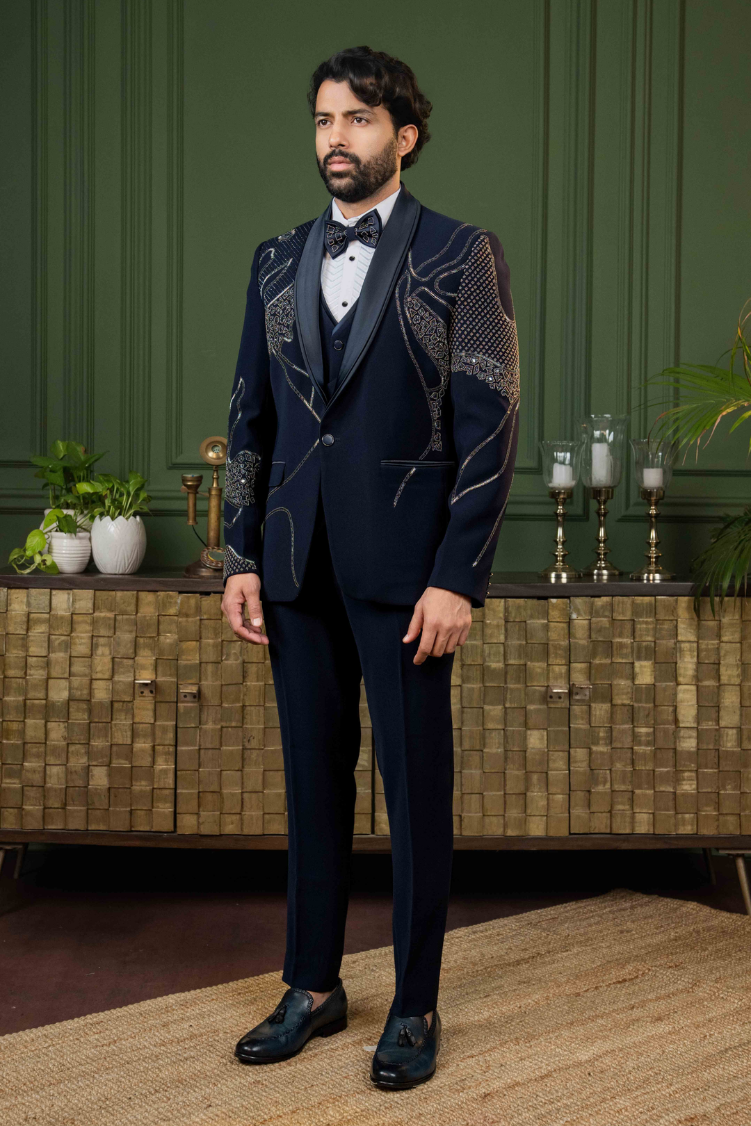Blue - Cutdana & Stones - Polyester Lycra - Tuxedo – Image 5