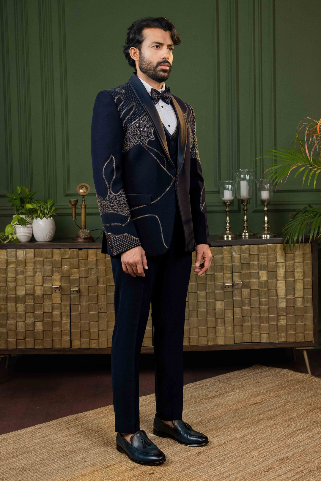 Blue - Cutdana & Stones - Polyester Lycra - Tuxedo – Image 6