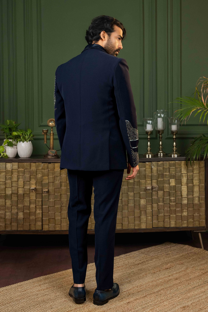 Blue - Cutdana & Stones - Polyester Lycra - Tuxedo