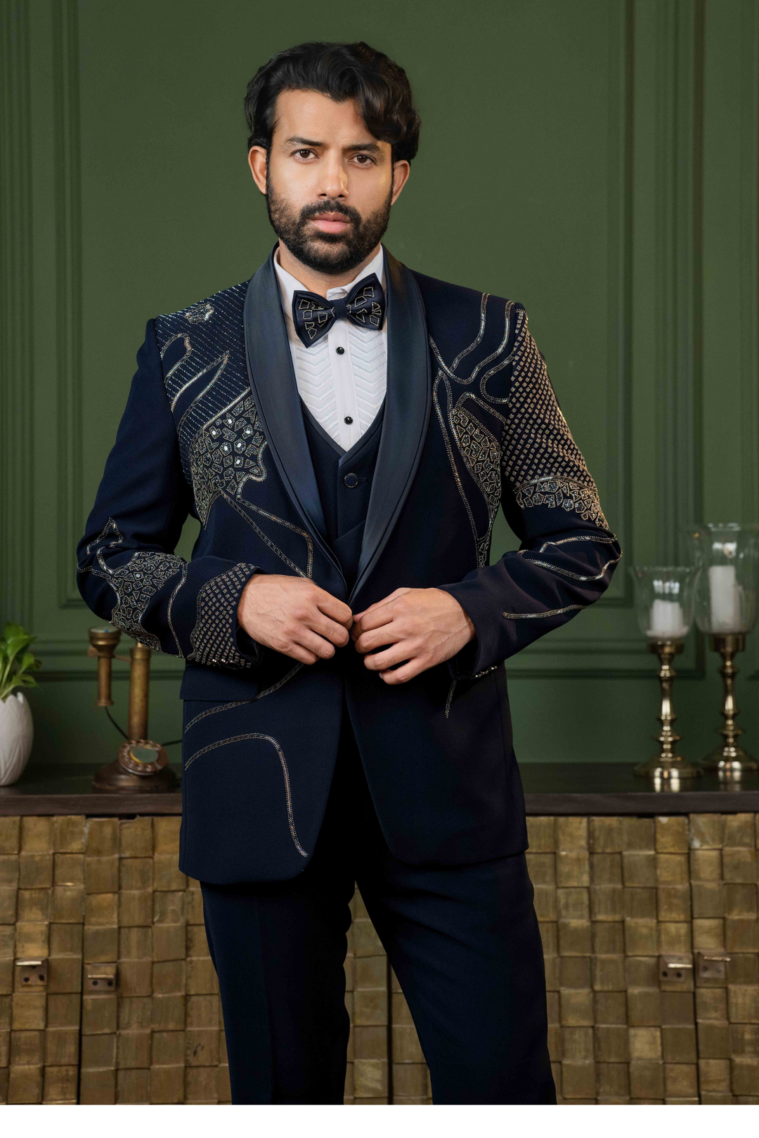Blue - Cutdana & Stones - Polyester Lycra - Tuxedo – Image 8