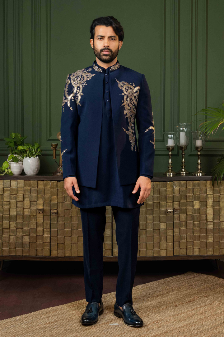 Blue - Mixed Metal Work - Polyester Lycra - Indo Western