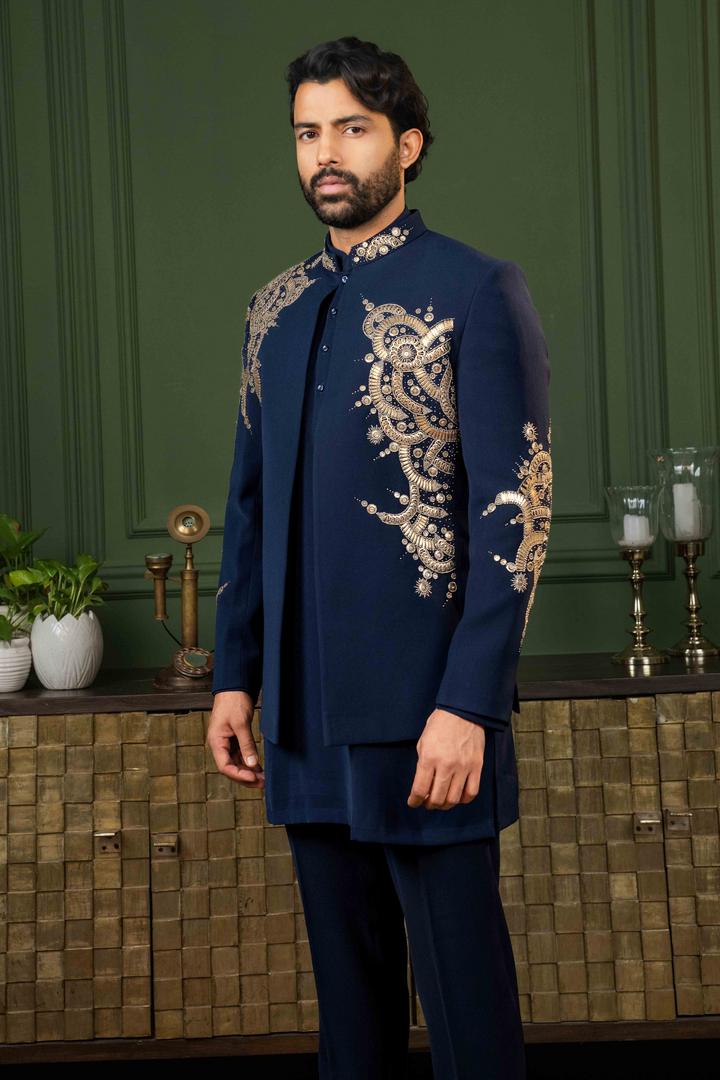 Blue - Mixed Metal Work - Polyester Lycra - Indo Western