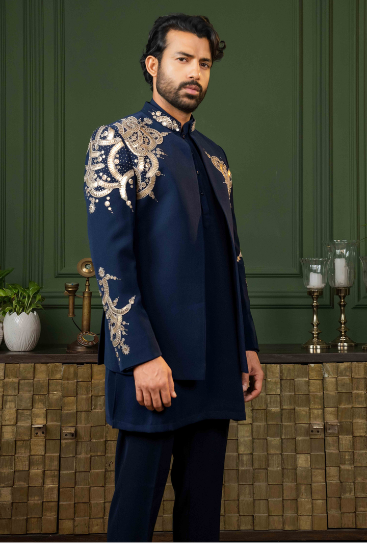 Blue - Mixed Metal Work - Polyester Lycra - Indo Western