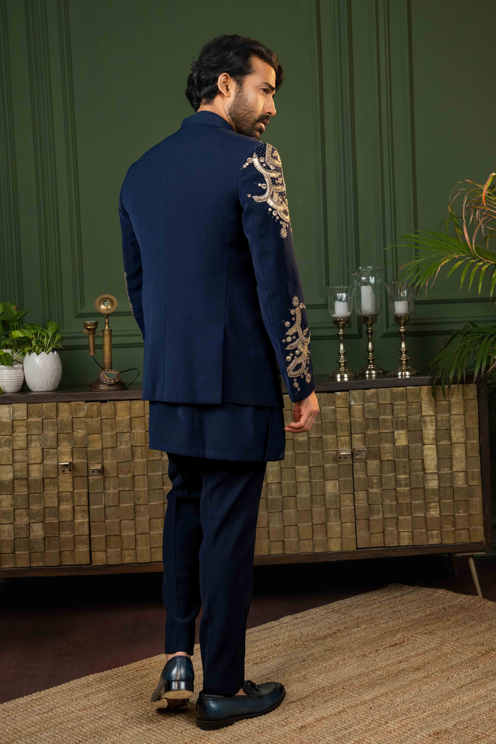 Blue - Mixed Metal Work - Polyester Lycra - Indo Western