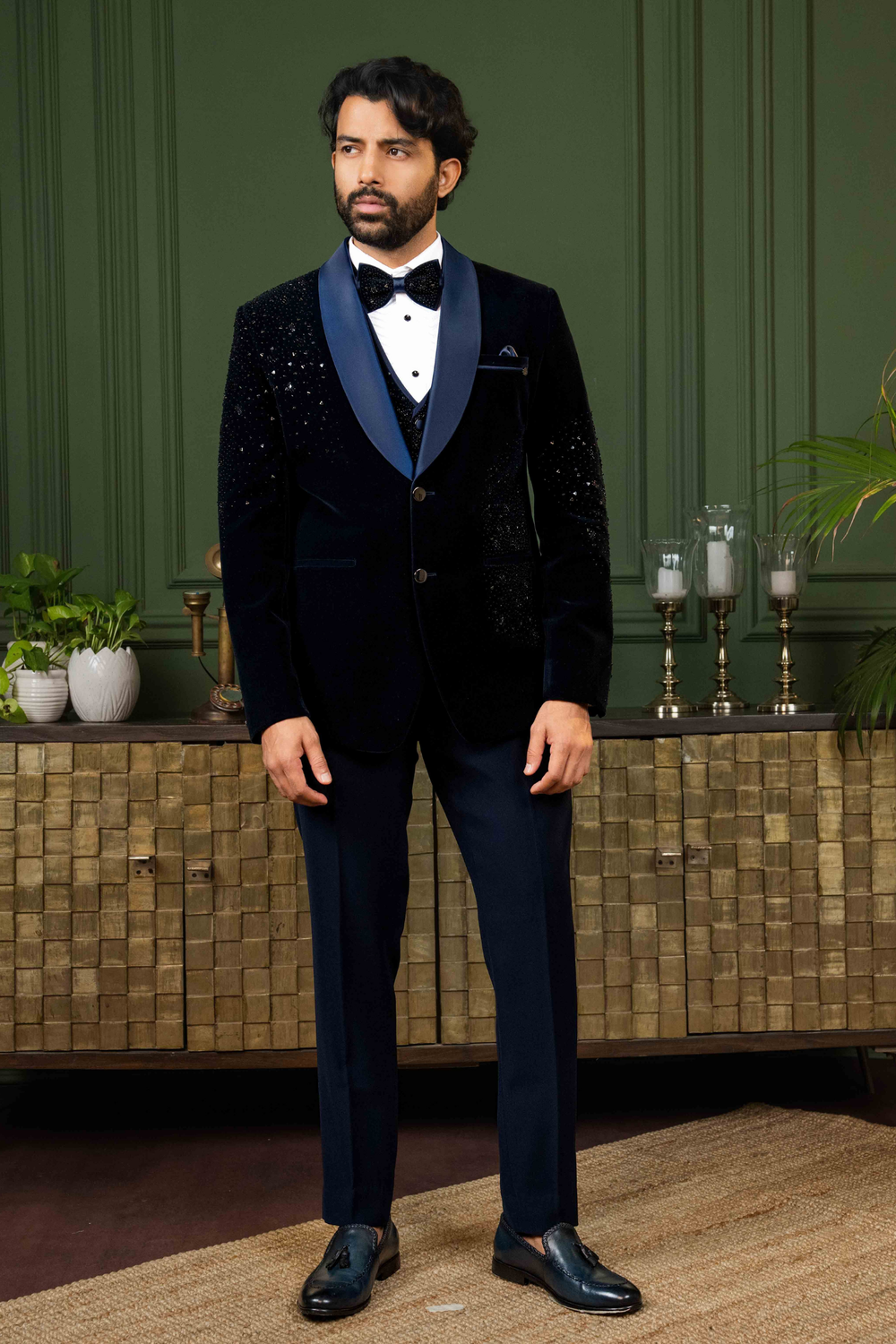 Blue - Pearls & Sequins - Cotton Velvet - Tuxedo