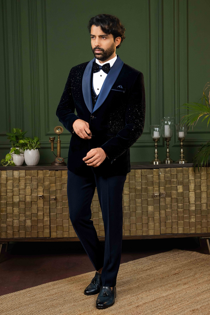 Blue - Pearls & Sequins - Cotton Velvet - Tuxedo