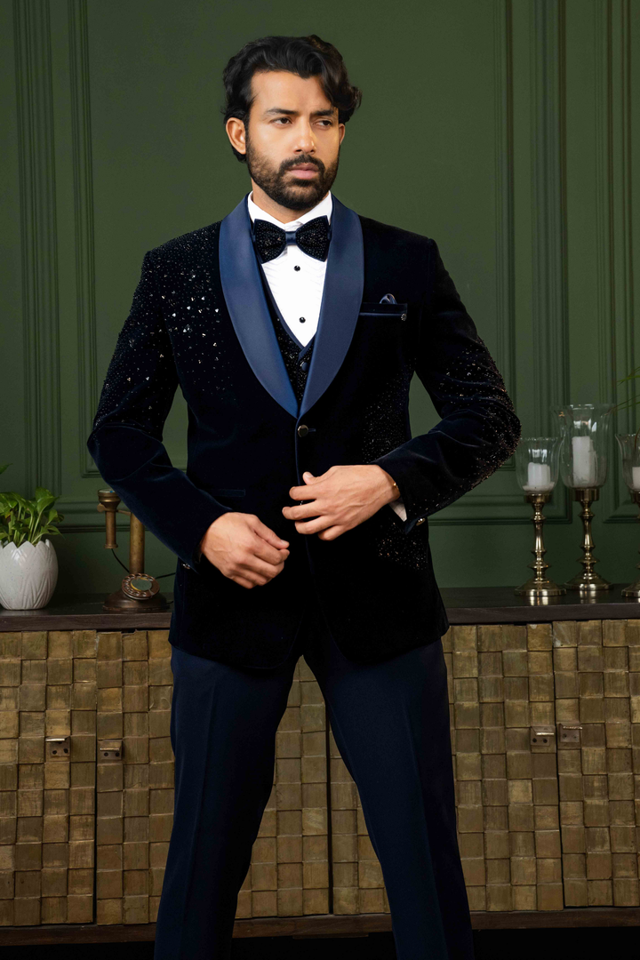 Blue - Pearls & Sequins - Cotton Velvet - Tuxedo