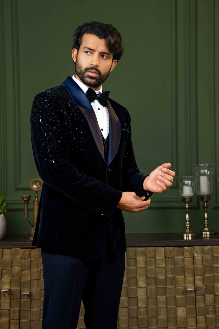 Blue - Pearls & Sequins - Cotton Velvet - Tuxedo
