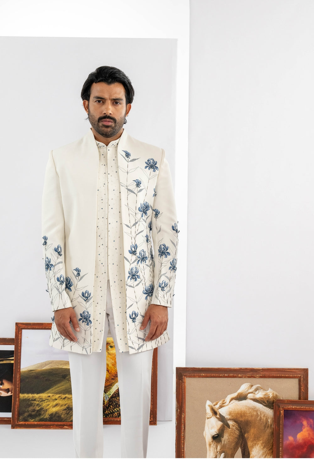 Blue Handpainted flower style open Indo-western