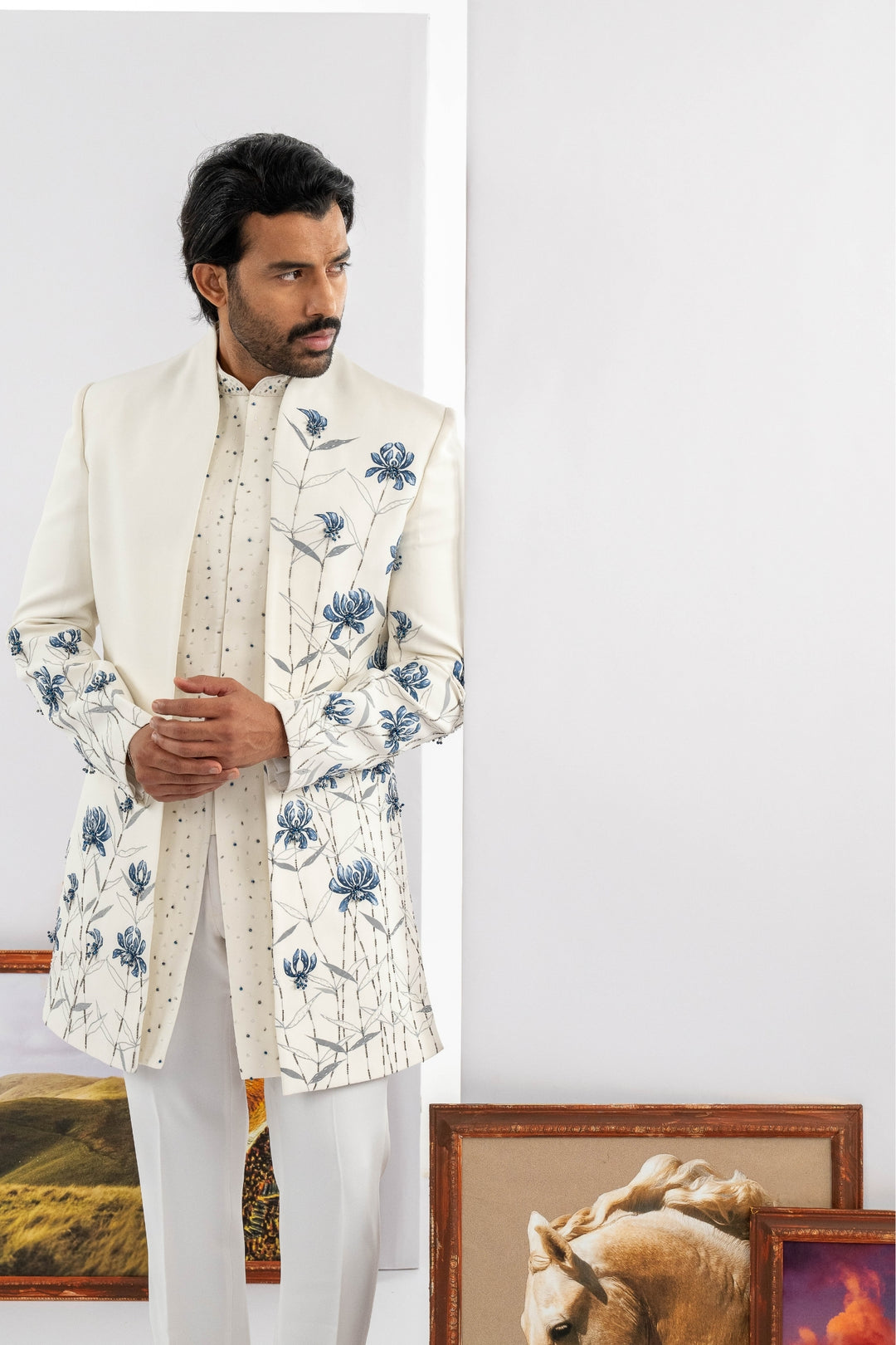 Blue Handpainted flower style open Indo-western
