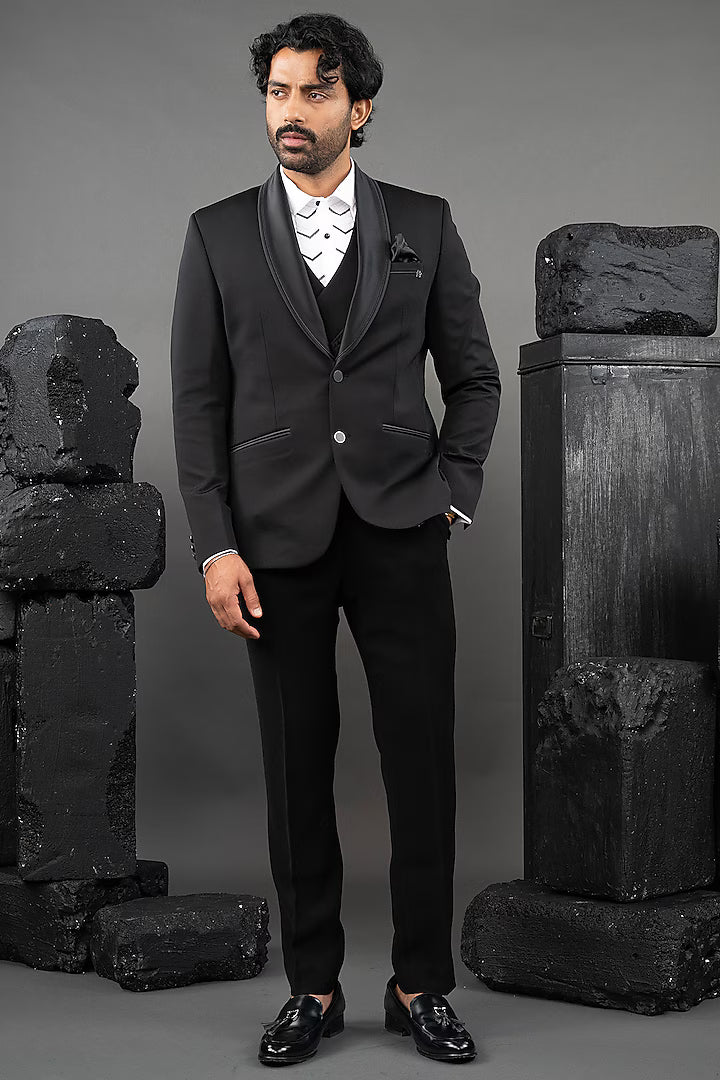 Blue Japanese Fabric Embellished Tuxedo Set