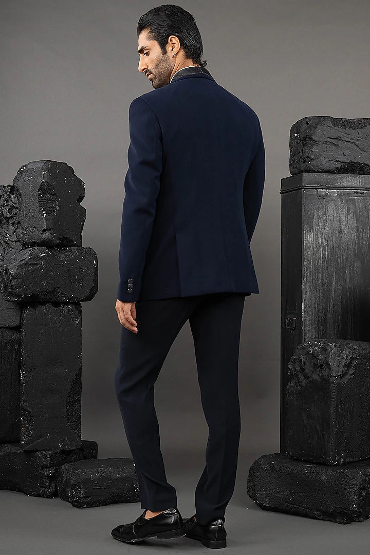 Blue Japanese Fabric Embellished Tuxedo Set