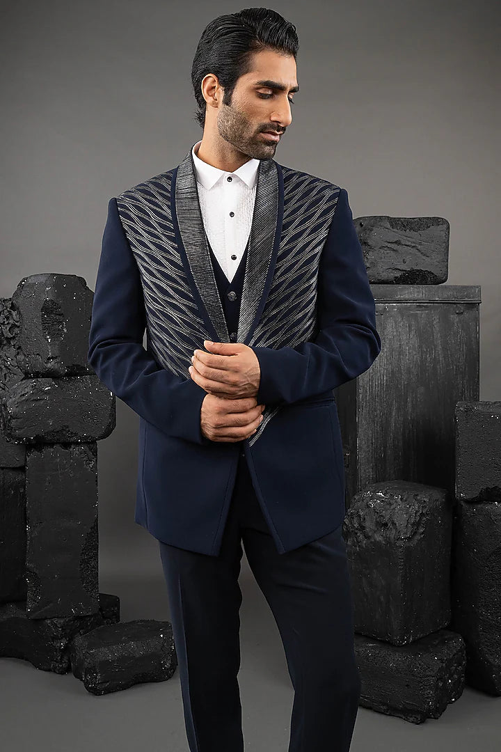 Blue Japanese Fabric Embellished Tuxedo Set