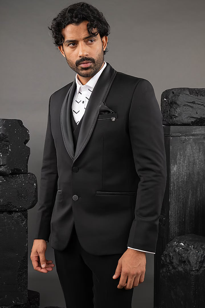 Blue Japanese Fabric Embellished Tuxedo Set