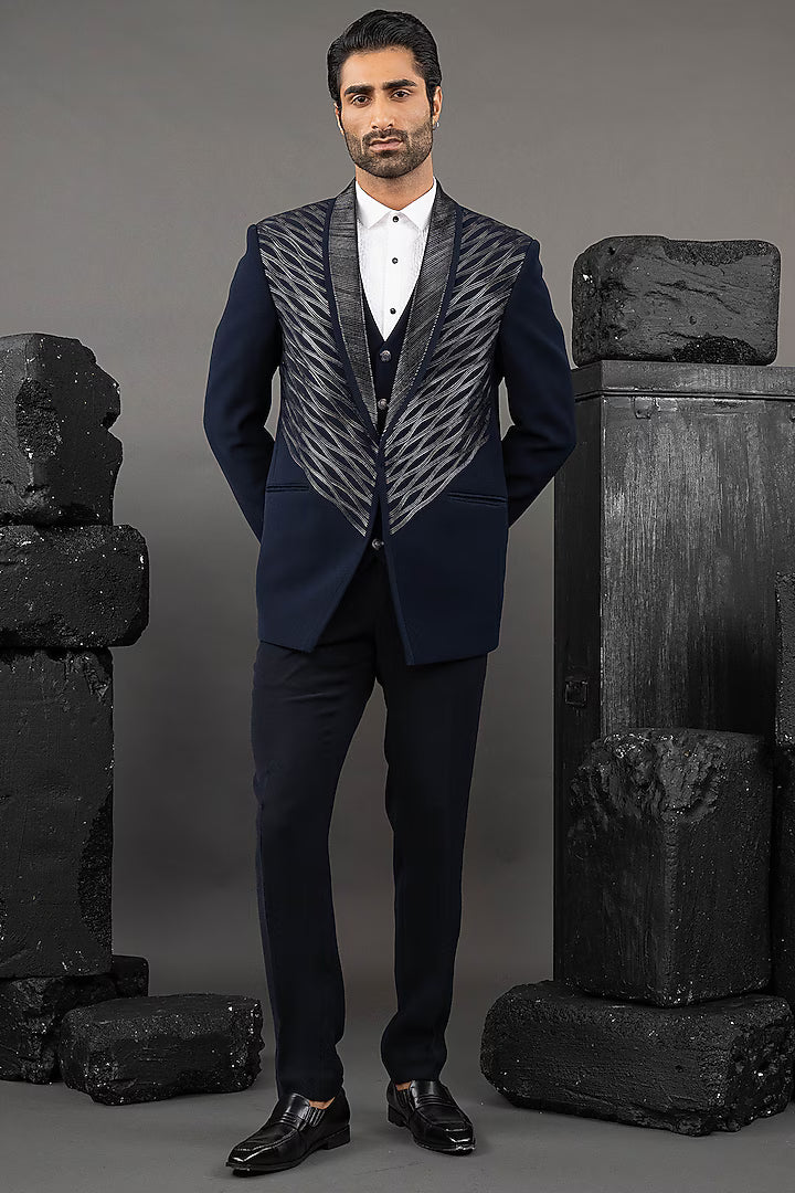 Blue Japanese Fabric Embellished Tuxedo Set