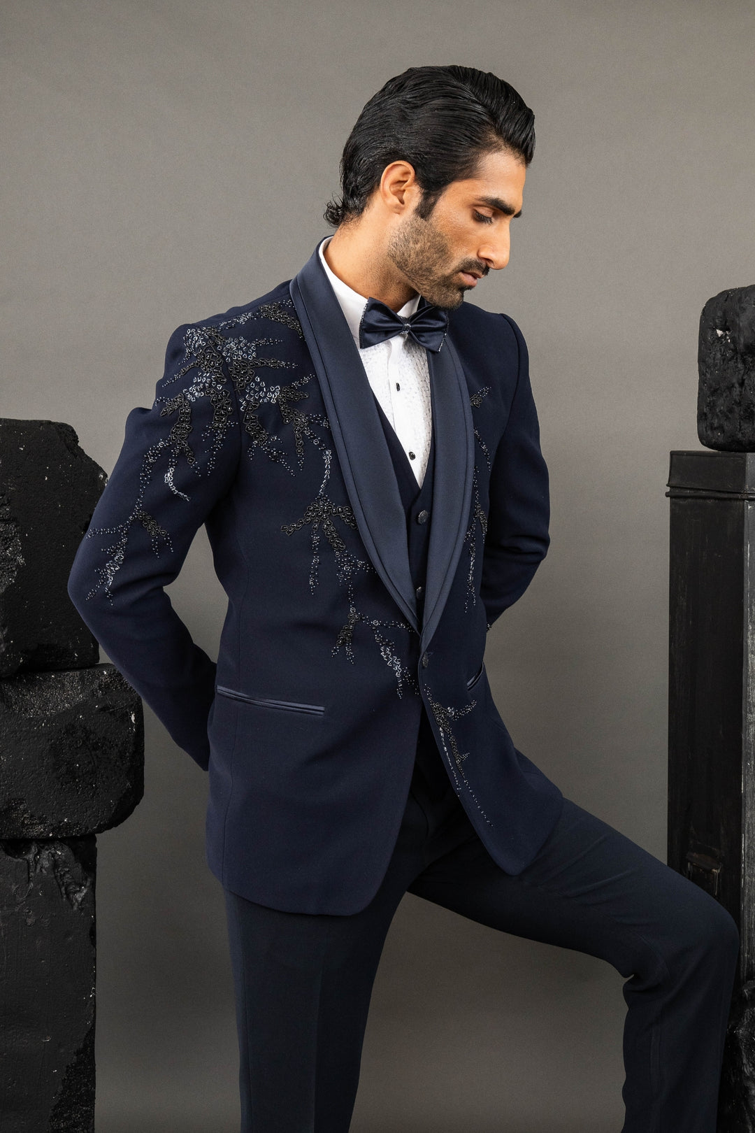 Blue Japanese Fabric Hand Embroidered Tuxedo Set – Image 3